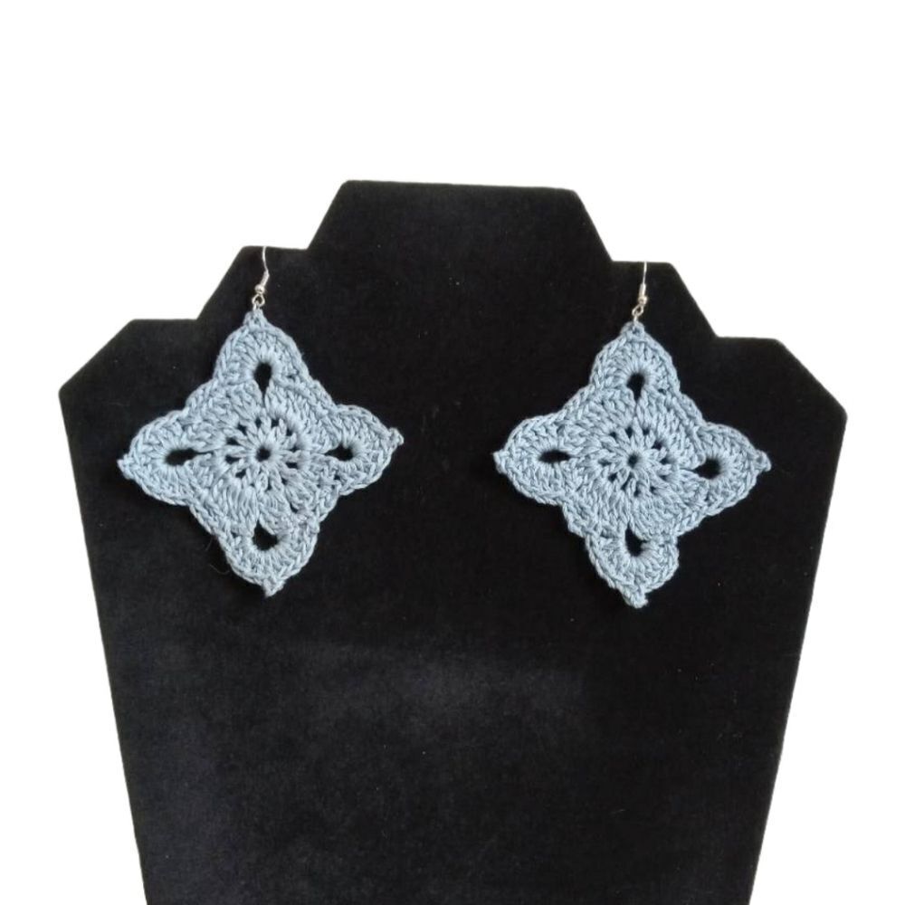 Handmade Crochet Light Blue Lightweight Dangle Style Bohemian Statement Earrings